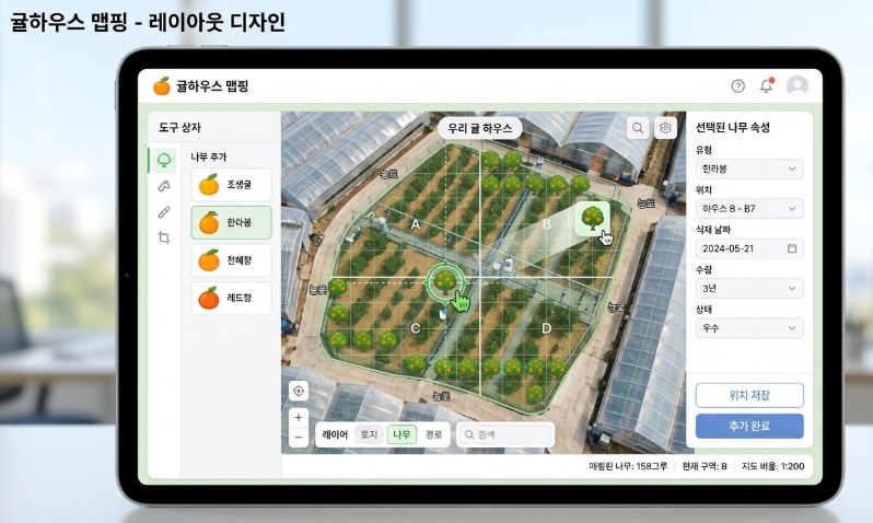 태블릿 화면에 하우스 항공사진 위로 구역이 A부터 D까지 나뉘어 있고, 왼쪽 도구 상자에서 품종을 골라 나무를 추가하며 오른쪽 패널에서 선택한 나무의 품종·위치·식재 날짜·수령·상태를 편집하는 맵핑 화면 시안