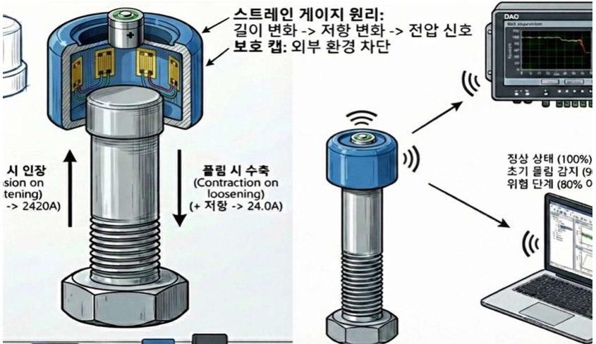 볼트 헤드 내부에 스트레인 게이지와 보호 캡이 들어간 단면도, 그리고 볼트가 계측 장비와 노트북으로 무선 신호를 보내 정상·초기 풀림·위험 단계를 판정하는 구성도