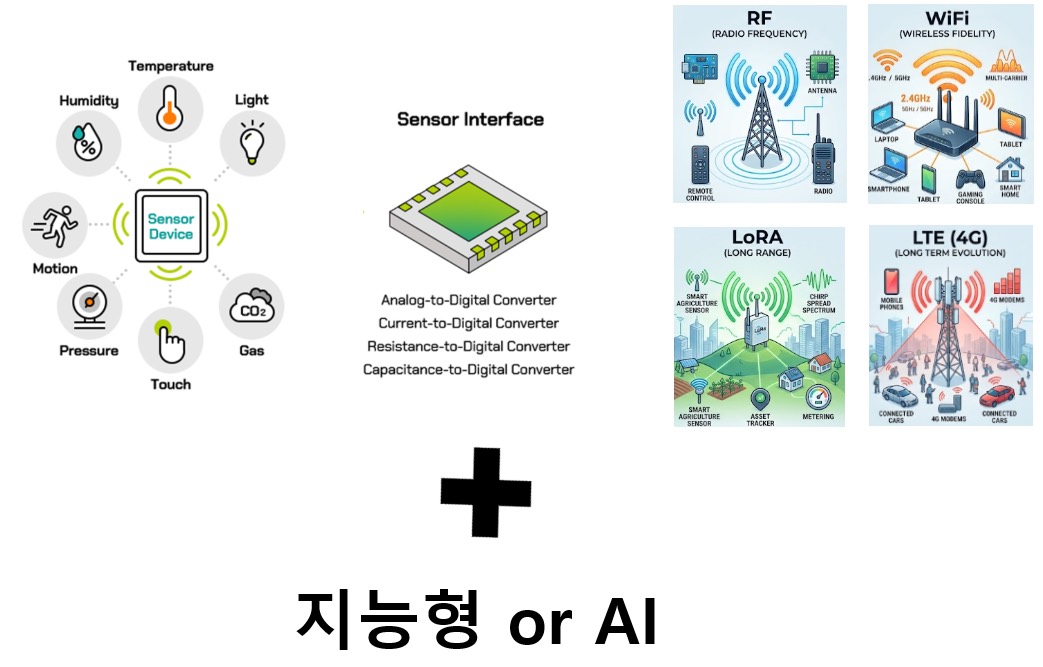 온도·습도·조도·모션·압력·가스·터치 센서 신호를 네 가지 변환기로 받아 RF·WiFi·LoRa·LTE 통신으로 내보내는 센서 인터페이스 구성도